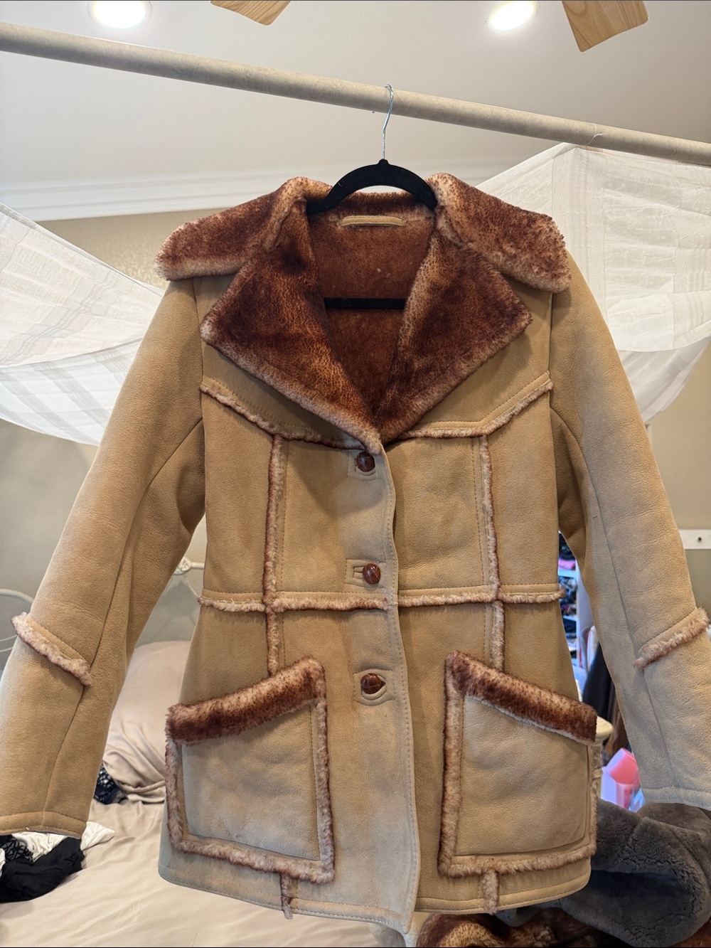 Women's Tan Faux Shearling Teddy Jacket with Brown Trim